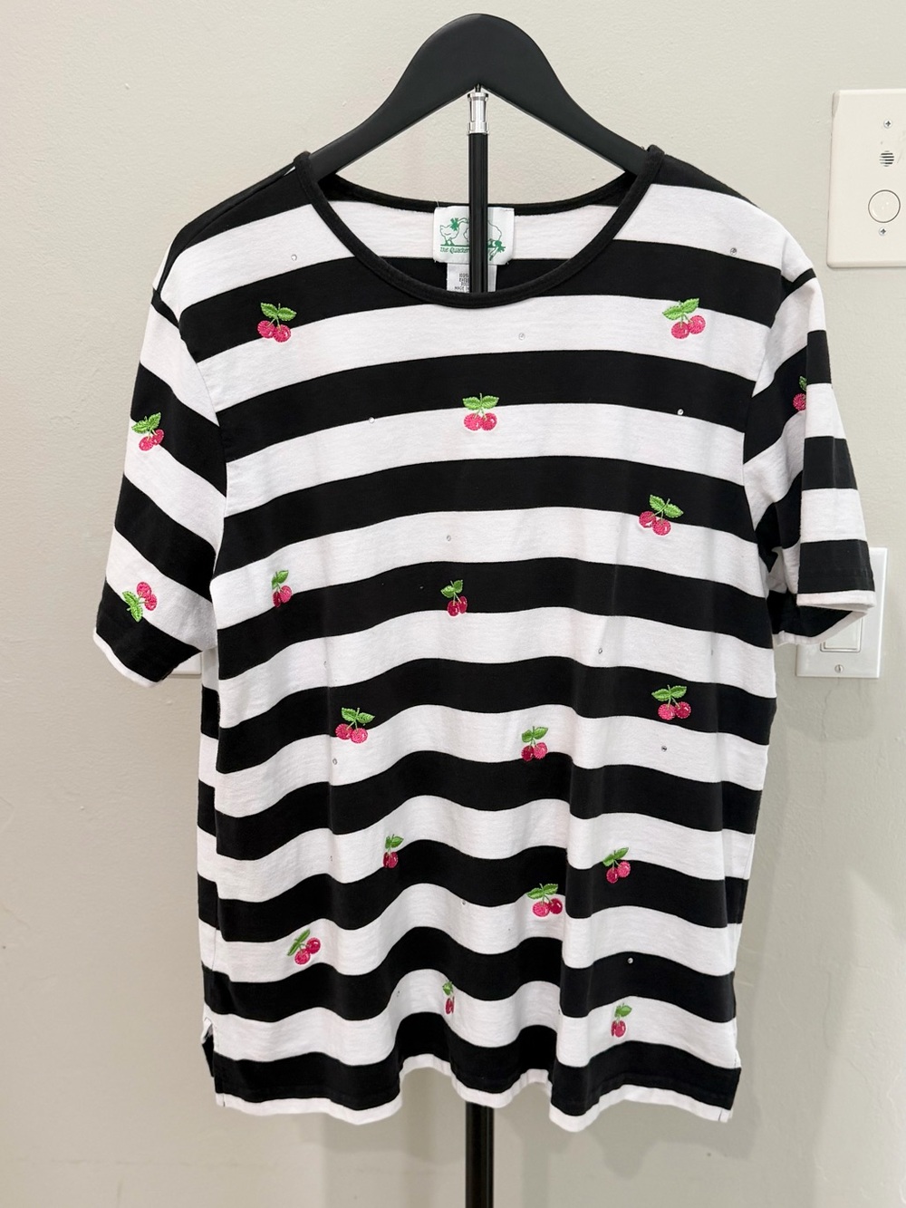 Quacker Factory Black & White Striped Tee with Pink Cherry Embroidery Retro